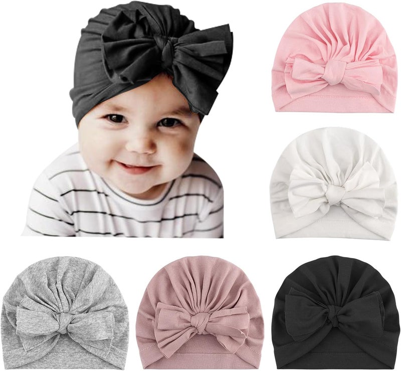 DRESHOW BQUBO 5 Pieces Newborn Baby Turban Hats Bow Baby Infant Beanie Breathable Toddler Cap for Baby Girls - Image 1